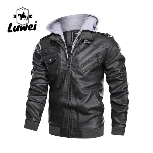 Custom Sport Windbreaker Hooded Utility Water Proof Outwear Motorcycle Parka Pu Faux Leather Jacket for Male