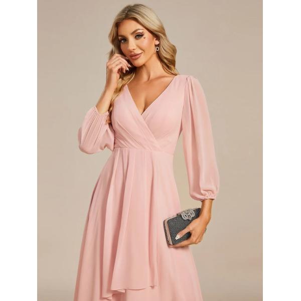 Ruffled A-line Long Sleeve V-neck High-low Wedding Guest Pink Chiffon Prom Dress