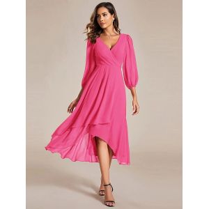 Elegant Empire Long Sleeve V-neck High Low A-line Ruffled Midi Purple Orchid