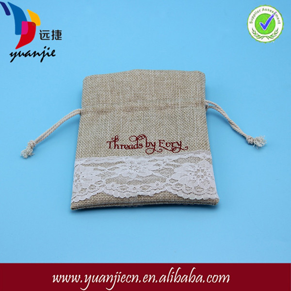 Gift Packing Jute Drawstring Bag Wear Resistant With Lace Lightweight