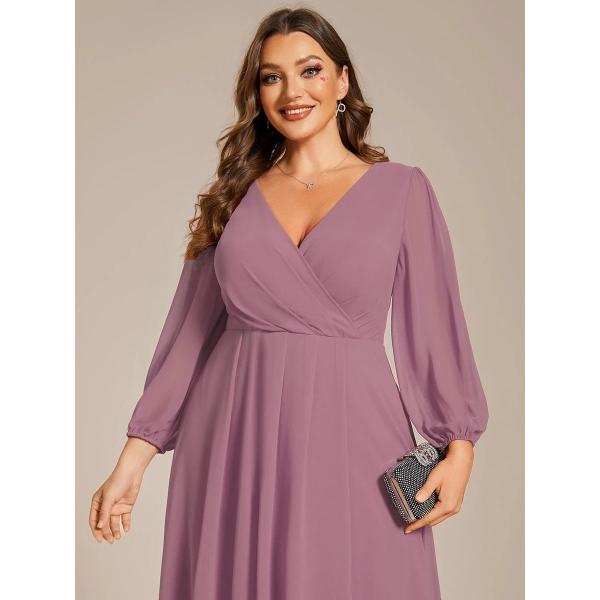 Elegant Empire Long Sleeve V-neck High Low A-line Ruffled Midi Purple Orchid Chiffon Wedding Guest Homecoming Dress