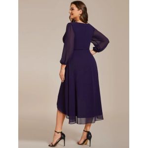 Elegant Empire Long Sleeve V-neck High Low A-line Ruffled Midi Dark Purple