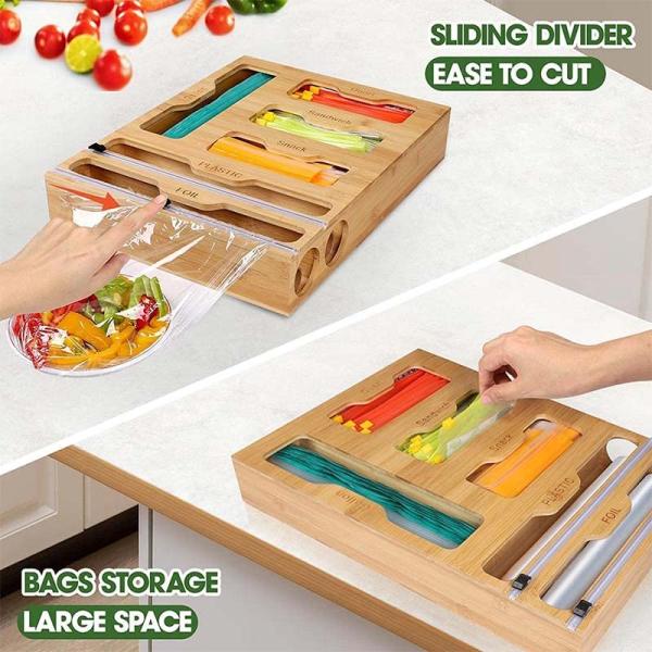 Bamboo 6 In 1 Ziplock Bag Storage Organizer With Cutter Functional Design Single Tier