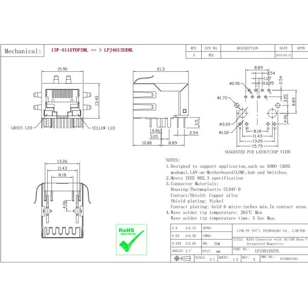 13F-611GYDP2NL MAGNETIC RJ45 JACK 10/100 BASE-T WITH MAGNETIC MODULE SMARTHOME