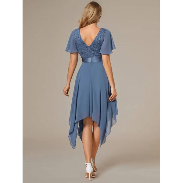 Asymmetrical Hem V-neck Empire Waist A-line Short Sleeves Knee-length Black Lace Chiffon Evening Dress