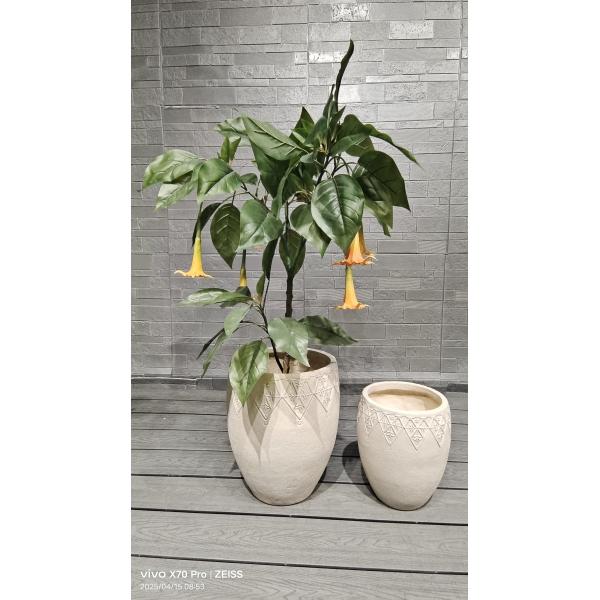 Intricate Floral Decor Neutral Beige Cylindrical Fiber Clay Lightweight Planter