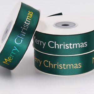 Custom Patterned Hot Stamp Ribbon , Smooth Surface Green Satin Ribbon