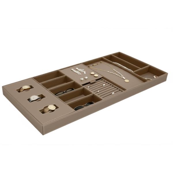MJMHD YG-H027 Modular Jewelry Drawer Organizer Tray, 13-Compartment Wardrobe Storage Box with Watch & Necklace Holder, Customizable PVC Leather Insert