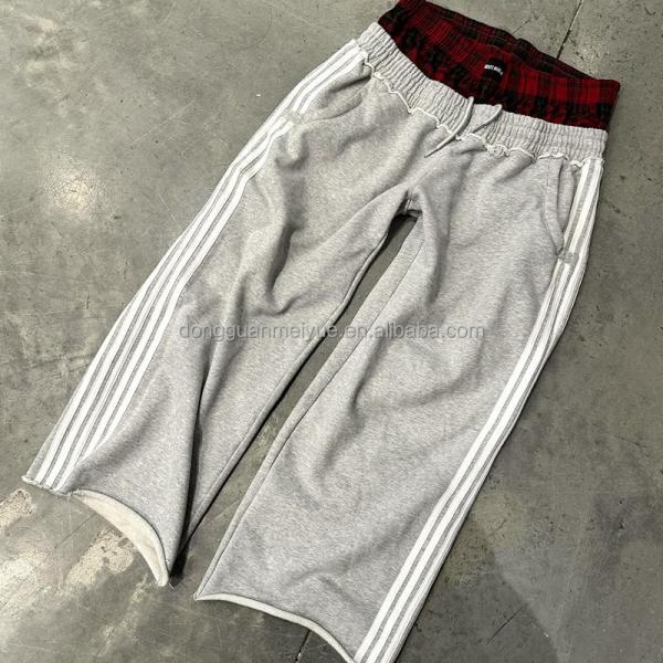 Custom Embroidery Logo Acid Wash Loose Trousers Wide Leg Faded French Terry Distressed Washed Double Waist Straight Sweatpants