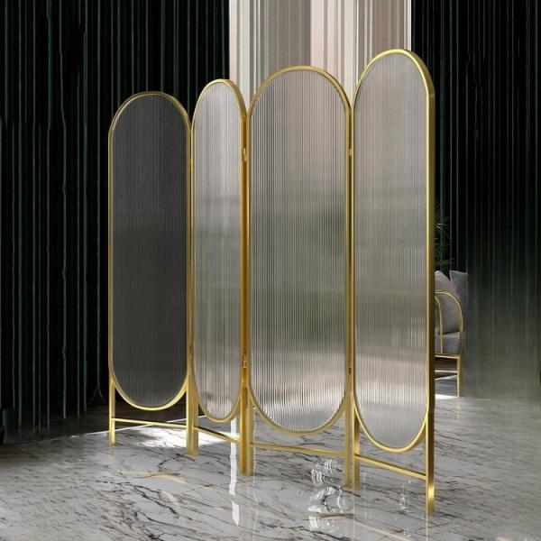 Buy Collapsible Rotatable 3 Panel Metal Room Divider With Art Glass at wholesale prices