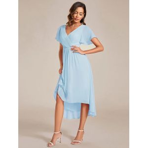 Chic V-neck High-low Short Flutter Sleeves A-line Ruffles Midi Invisible Zipper