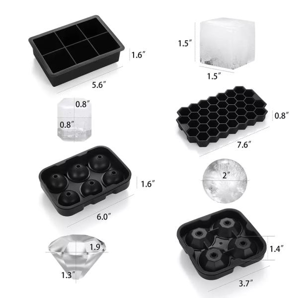 6-hole Round Ice Ball Mold with Honeycomb Square Ice Tray and Diamond Ice Cube Tray