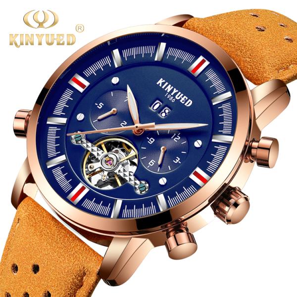 KINYUED J019-6 Tourbillon automatic mechanical genuine leather business waterproof men watches