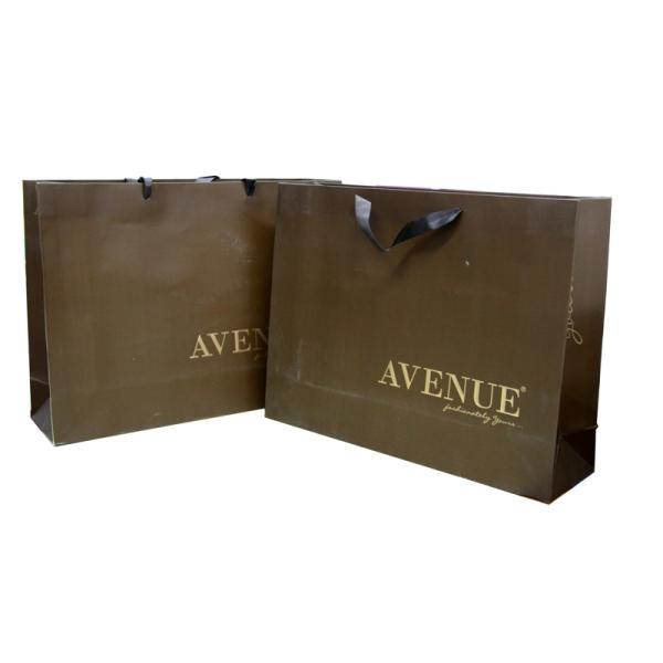 Brown Matt Coat Paper Carrier Bag Ribbon Handle Gold Logo On 4 Sides