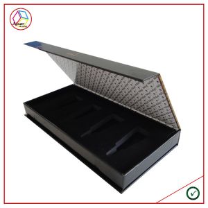 Gold Foil Black Flip Cosmetic Packaging Box With EVA Insert