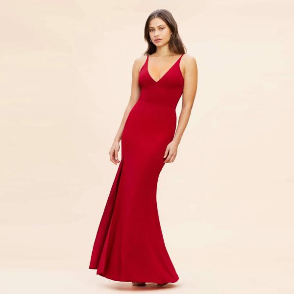 Factory Sexy Front Split Slit Long Red Evening Dress Empire Sleeveless Deep V-back Spaghetti Straps Mermaid