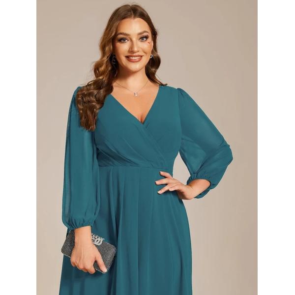 Plus Size Ruffled A-line Long Sleeve V-neck High Low Wedding Guest Teal Chiffon Evening Dress