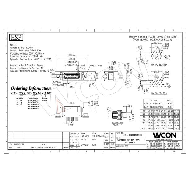 1.27mm Pitch scsi CEN - Type female connector mating with 6320M 68 pins