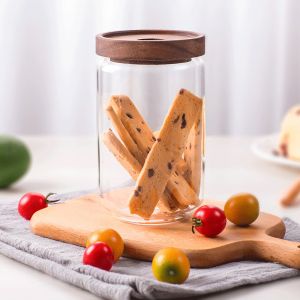900ml Wood Cover Borosilicate Wide Mouth Glass Jars