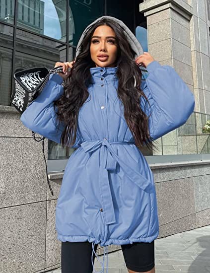 100% Polyester Belted Ladies Long Puffer Coat Jackets Zipper Closure