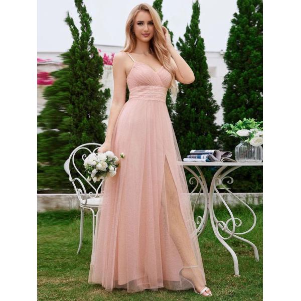 High Slit And Lace Pearl Waist Sleeveless V-neck A-line Empire Spaghetti Strap Pleated Pink Tulle Bridesmaid Dress