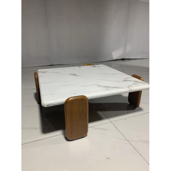 indoor Square Carrara White Marble Coffee Table with White Wax Solid wood Legs