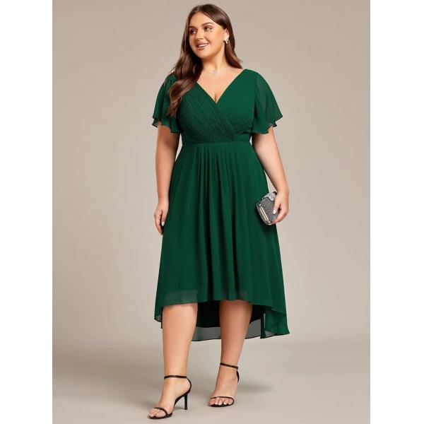 Empire Plus Size V-neck High-low A-line Short Sleeve Ruffled Dark Green Chiffon Wedding Guest Evening Dress