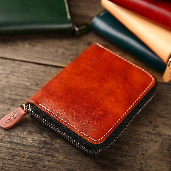 Retro Style Short Zipper Wallet Money Cloth Made of Vegetable Tanned Cowhide Leather