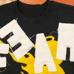 Applique Letter Embroidered Black Streetwear Graphic Tees Distressed Vintage T