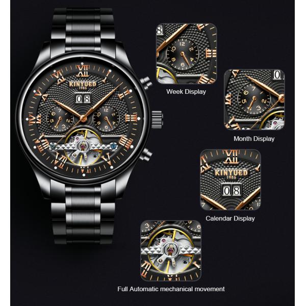Fashion Stainless Steel Tourbillon Movement Mens Watch Waterproof KINYUED Automatic Mechanical Watches