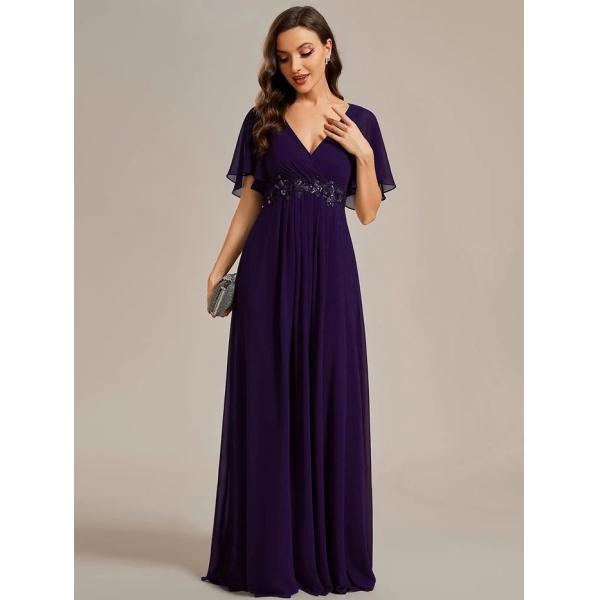 Sexy Empire Applique A-line Short Flutter Sleeves V-neck Invisible Zipper Dark Purple Chiffon Bridesmaid Dress