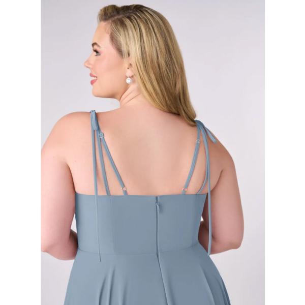 New Style V-neck Dusty Blue Chiffon Tiered A-line Bridesmaid Dress Zipper Ruffles Floor-Length Spaghetti Straps