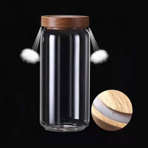900ml Wood Cover Borosilicate Wide Mouth Glass Jars