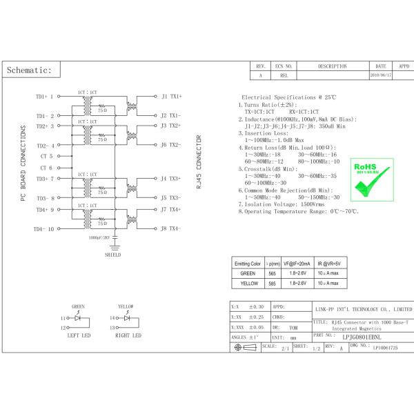 48F-01GY2DPL2NL Magnetic RJ45 Female Jack LPJG0801EBNL for Networking