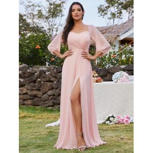 Plus Size Ruffled Long Sleeve High Slit Off-shoulder High Slit Pink Chiffon