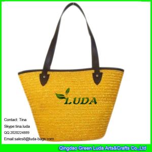 China LUDA ladies leather handbags yellow straw handmade beach tote bags on sale