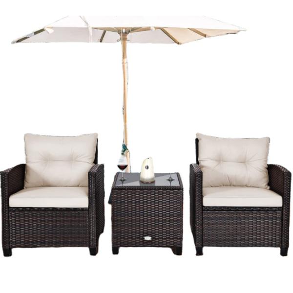 3pc Patio Wicker Bistro Conversation Patio Balcony Poolside-2 Cushioned Armchairs Glass Topped Table Outdoor Rattan Sofa