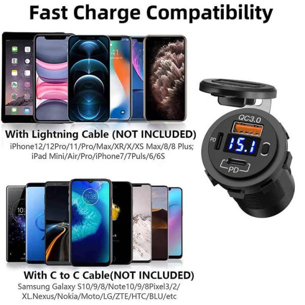 Dual PD QC3.0 12V/24V Triple USB Car Charger Fast Phone Receptacle