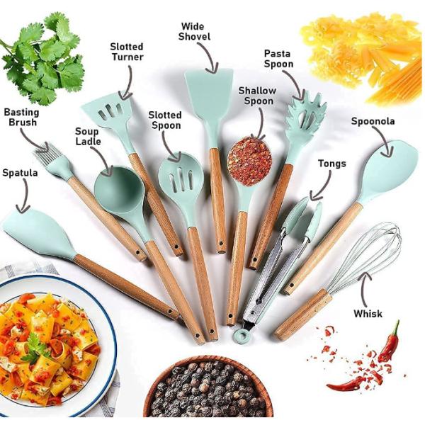 Buy Silicone Wooden Kitchen Utensil Set With Stand Rustproof Multiapplication at wholesale prices