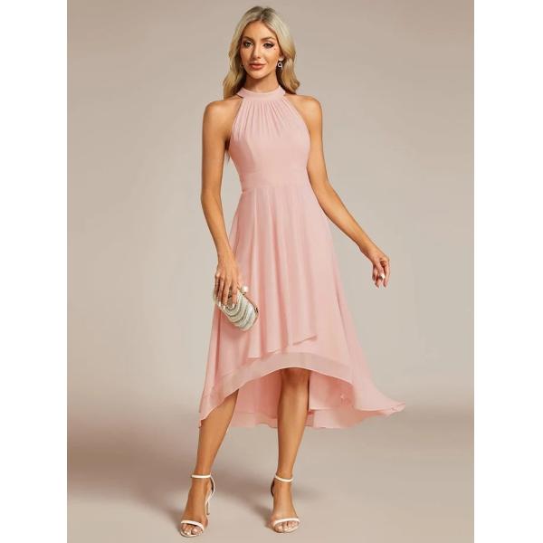 Tea-length A-line Sleeveless Halter Neck Wedding Guest Dress Pink Chiffon Cocktail Dresses
