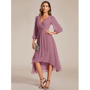 Elegant Empire Long Sleeve V-neck High Low A-line Ruffled Midi Purple Orchid