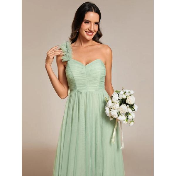 Exquisite One-shoulder Sweetheart Ruffled A-line Zipper Pleated High Slit Mint Green Tulle Prom Dress
