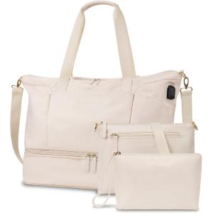 China Beige Carry On Tote Expandable Weekender Duffel Travel Bag With Shoe Compartment And Wet Pocket on sale