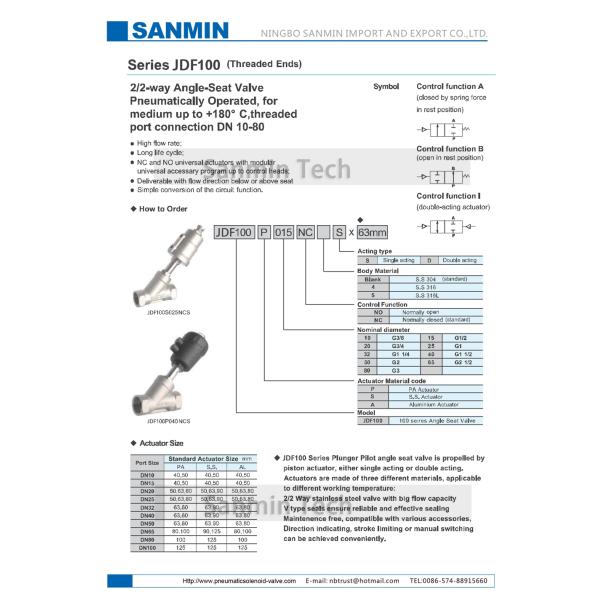 JDF100 2 Way Stainless Steel Pneumatic Angle Seat Valve Actuator Piston Control Valve For Air Oil Gas