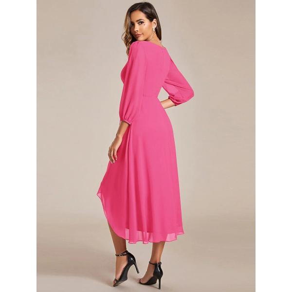 Elegant Empire Long Sleeve V-neck High Low A-line Ruffled Midi Hot Pink Chiffon Wedding Guest Party Dress