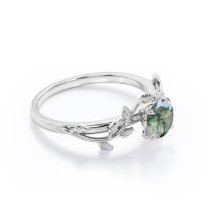 Nature Inspired Natural Green Moss Agate Solitaire Engagement Ring Forest Ring