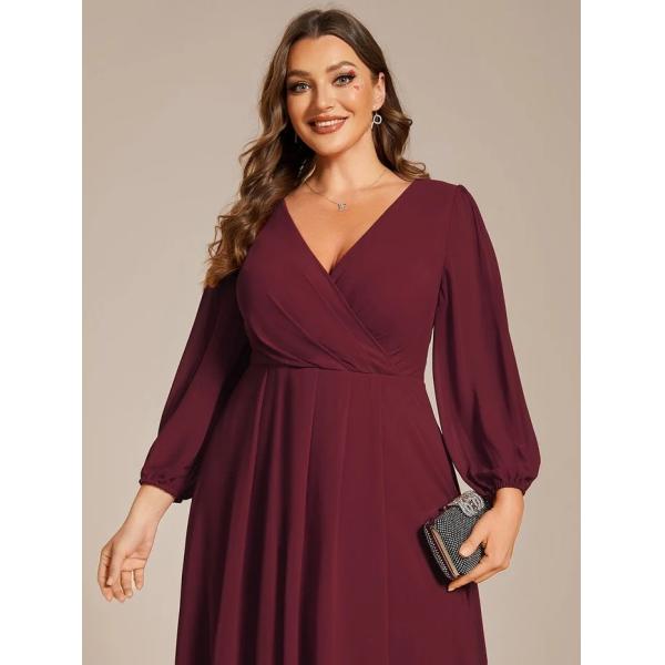 Plus Size Ruffled A-line Long Sleeve V-neck High Low Wedding Guest Burgundy Chiffon Bridesmaid Dress