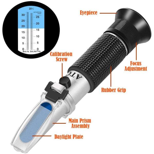 OEM Support 2 Scale 0-32% Brix 0-28% Salinity Salt ATC Refractometer for Seawater Marine Fishkeeping Aquarium