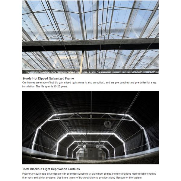 8m Wide PEP Film Automated Light Deprivation Greenhouse Top And Sides Ventilation