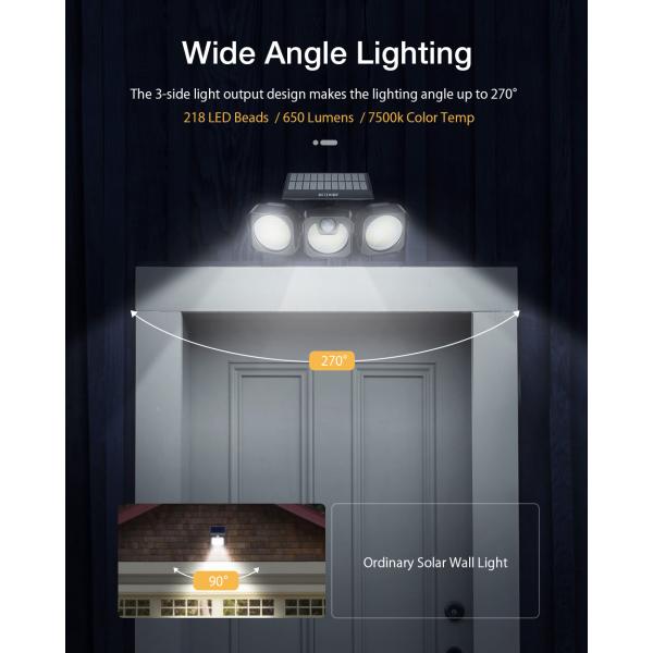 218LED 3 Heads 650lm Solar Power LED Lamp 1.3W IP64 Waterproof Wall Light